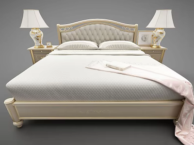 Elegant Modern Double Bed With Carved Headboard Nightstands Table Lamps Pillows Pink Blanket And Book 3d model