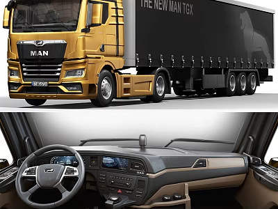 Golden MAN Truck Exterior And Cab Interior With Steering Wheel Dashboard 3d model
