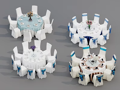 Round Dining Table Sets with White Chair Covers Blue Ribbons and Floral Centerpieces 3d model