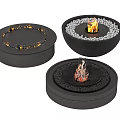 Three Piece Modern Round Black Fireplace Set With Flames And Pebbles 3d model