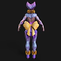 Game and Movie Character With Pink And Purple Hair Purple Bodysuit And Yellow Decorations