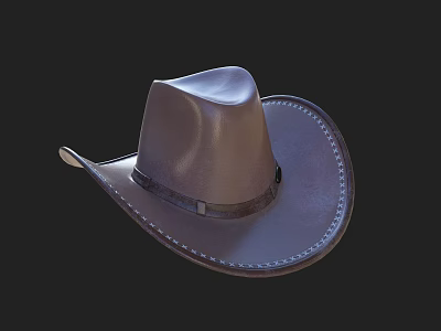 Brown Leather Cowboy Hat with Wide Brim Stitched Edge and Leather Band 3d model