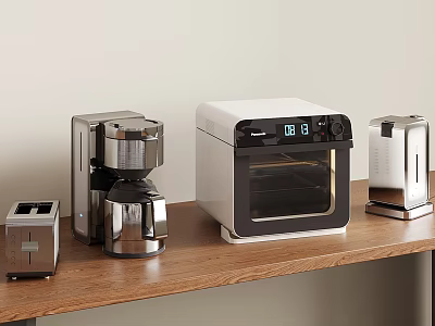 Essential Kitchen Appliances Toaster Coffee Maker Toaster Oven On Wooden Countertop 3d model