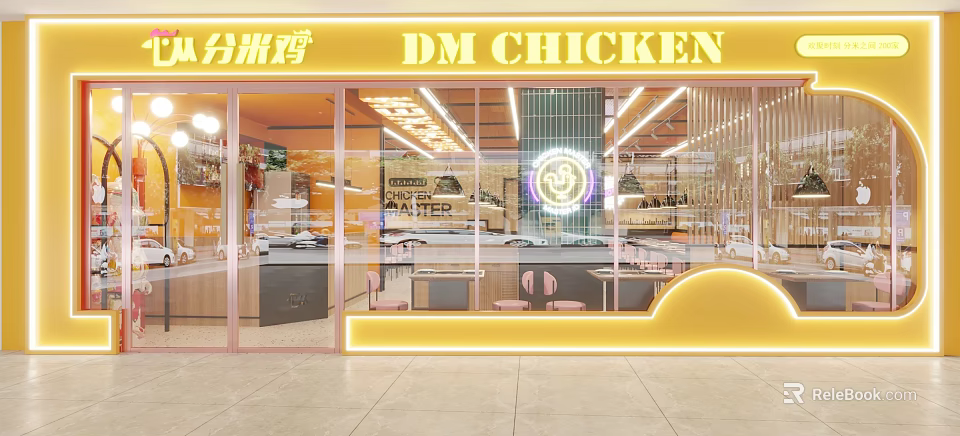 DM CHICKEN Restaurant Bright Yellow Facade With Glass Windows And Neon Signage 3d model 