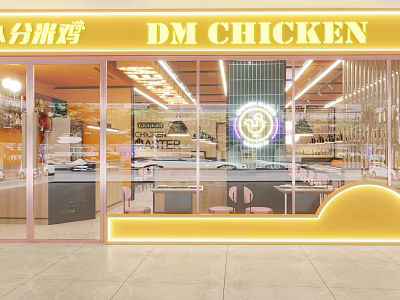 DM CHICKEN Restaurant Bright Yellow Facade With Glass Windows And Neon Signage 3d model