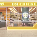 DM CHICKEN Restaurant Bright Yellow Facade With Glass Windows And Neon Signage