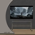 Modern Television On Metal Stand Displaying Fantasy Landscape With Mountains Trees And Figure
