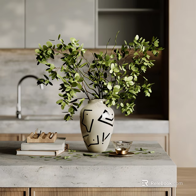 Stylish Decorative Ornament Set With Geometric Vase Green Leaves Books Small Cup On Kitchen Countertop 3d model 