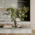 Stylish Decorative Ornament Set With Geometric Vase Green Leaves Books Small Cup On Kitchen Countertop
