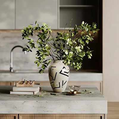 Stylish Decorative Ornament Set With Geometric Vase Green Leaves Books Small Cup On Kitchen Countertop 3d model