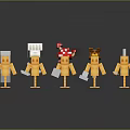 Various Yellow Block Characters with Mushroom and Animal Head Decorations Holding White Items