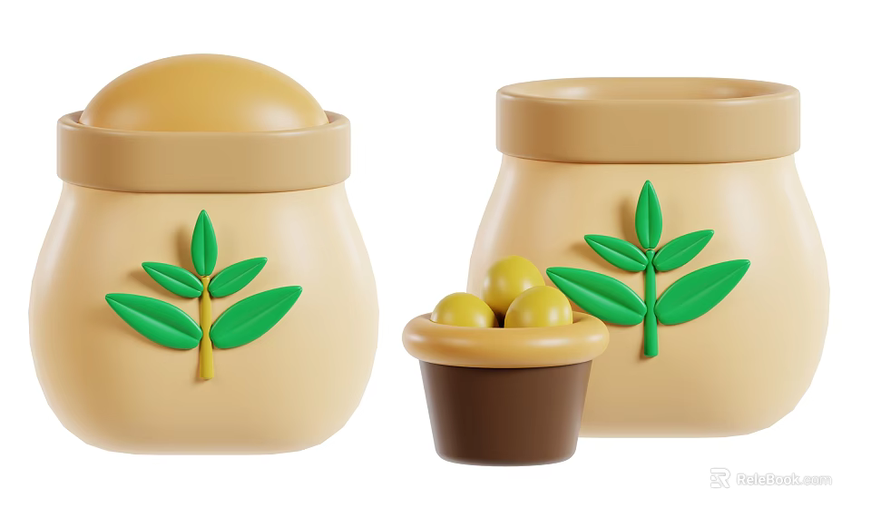 Yellow Round Food in Beige Jars with Green Leaf Decoration and Small Brown Cup 3d model 