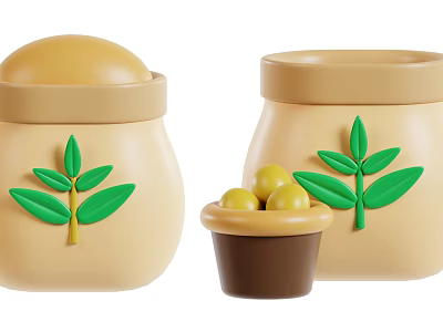 Yellow Round Food in Beige Jars with Green Leaf Decoration and Small Brown Cup 3d model