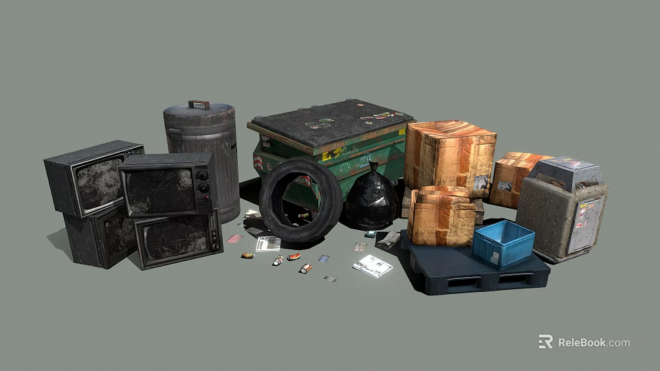 Assorted Discarded Junk Items Featuring Trash Cans Cardboard Boxes Tire and Pallet Debris 3d model 
