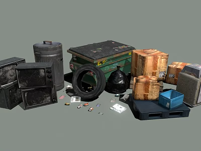 Assorted Discarded Junk Items Featuring Trash Cans Cardboard Boxes Tire and Pallet Debris 3d model