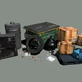 Assorted Discarded Junk Items Featuring Trash Cans Cardboard Boxes Tire and Pallet Debris