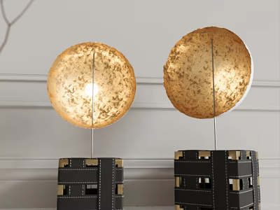 Stylish Table Lamps With Round Gold Textured Illuminated Shades and Black Structured Bases 3d model
