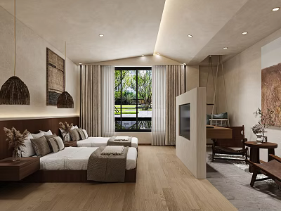 Modern Hotel Room Interior With Twin Beds Wooden Floors Large Window TV And Decorative Paintings 3d model