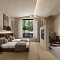 Modern Hotel Room Interior With Twin Beds Wooden Floors Large Window TV And Decorative Paintings