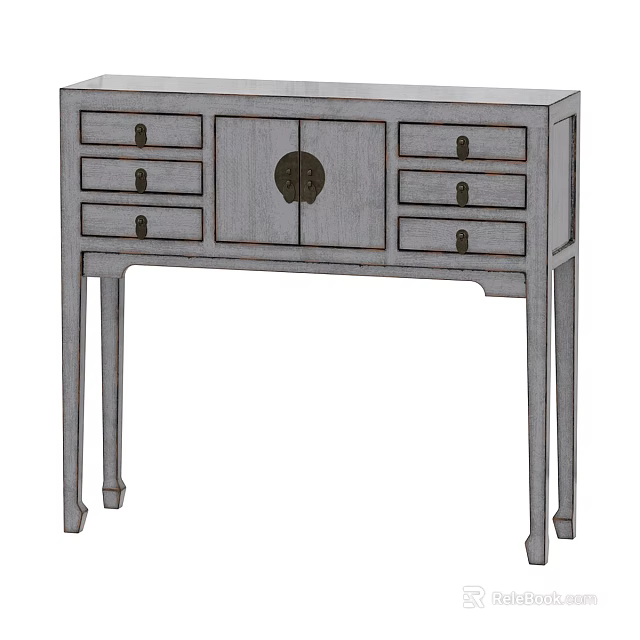 Chinese Style Gray Entryway Console Cabinet With Drawers And Round Brass Handles 3d model 