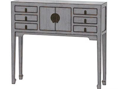 Chinese Style Gray Entryway Console Cabinet With Drawers And Round Brass Handles 3d model