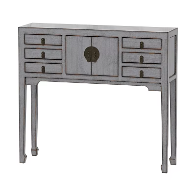 Chinese Style Gray Entryway Console Cabinet With Drawers And Round Brass Handles 3d model