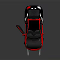 Red and black modified sports car with open hood doors and rear spoiler