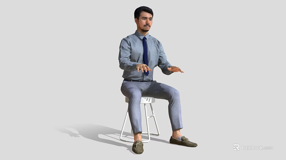 A Man Sitting On White Stool Wearing Blue Shirt And Tie Gesturing With Hands 3d model 