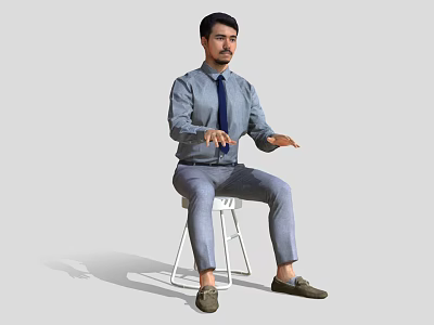A Man Sitting On White Stool Wearing Blue Shirt And Tie Gesturing With Hands 3d model