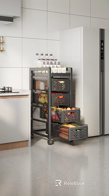 Modern Kitchen Decorative Storage Rack with Fruit Vegetable Baskets and Bottled Condiment Holders 3d model