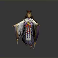 3D Character Woman Wearing Traditional Costume Purple White Robes Red Ribbon Sash Double Bun Hairstyle