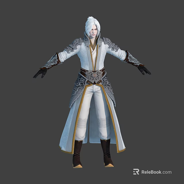 Elegant White Haired Character In Silver Decorated Robe With Black Gloves And Brown Boots 3d model 