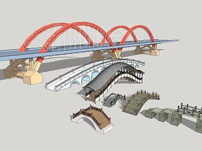 Various Bridge 3D Models Showcasing Arch Covered Stone and Modern Designs 3d model