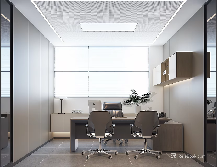 Modern Open Office Interior With Large Windows Desk Office Chairs Potted Plant And Storage Cabinets 3d model 