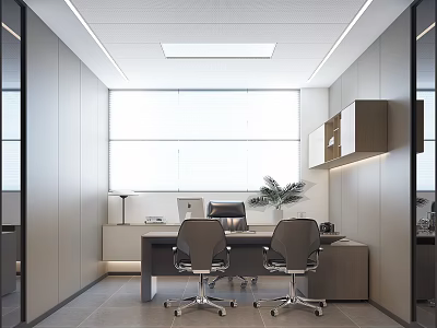 Modern Open Office Interior With Large Windows Desk Office Chairs Potted Plant And Storage Cabinets 3d model
