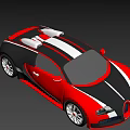 Red Bugatti Sports Car With Black White Stripes And Sleek Exterior Design