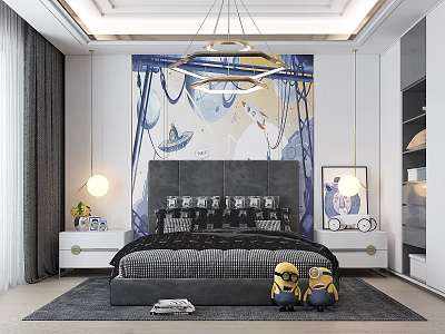 Kids Bedroom Interior With Colorful Mural Comfortable Bed Minion Toys Chandelier And Rug 3d model