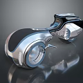 Sleek Futuristic Motorcycle With Metallic Body And Unique Aerodynamic Wheel Design