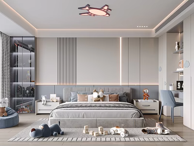 Kids Room Interior Design With Airplane Lamp Bed Toys Rug Cabinets And Chair 3d model