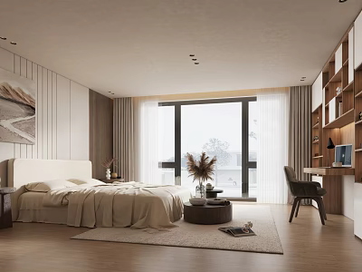 Modern Bedroom Interior With White Headboard Bed Wooden Floor Large Window Curtains And Bookshelf Desk 3d model
