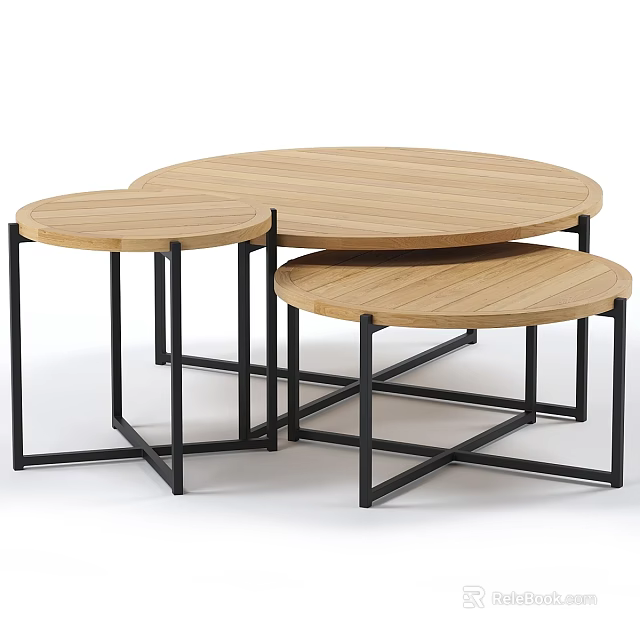Round Functional Wooden Nesting Tables With Black Metal Frames For Space Saving 3d model