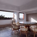 Elegant Private Dining Room Interior With Round Table Striped Ceiling And Stone Floor