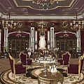 Ornate Luxurious Interior With Marble Columns Large Window Chandeliers And Curtains