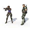 Game Movie Characters Female With Gun And Male With Tactical Gear Standing Against Brick Wall