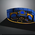 Modern Studio Interior With Blue Backdrop Multiple Screens Symmetric Seating Areas And Yellow Decorative Lines