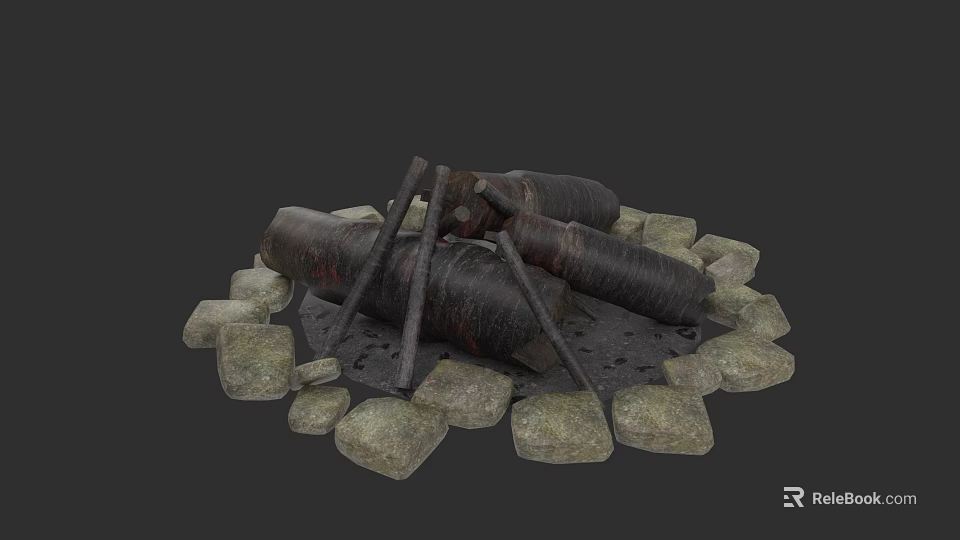 Rustic Outdoor Stone Fireplace With Stacked Logs And Metal Grate Structure 3d model 