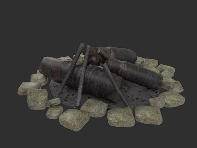 Rustic Outdoor Stone Fireplace With Stacked Logs And Metal Grate Structure 3d model
