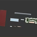 Outdoor Exhibition Scene Components Red Container White Display Board Green Plants And Bench