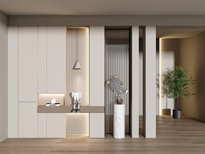 Modern Entryway Hallway With White Cabinets Console Table Wooden Flooring And Green Plant 3d model