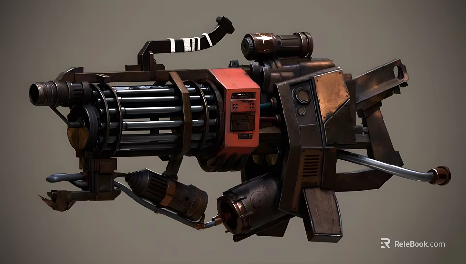 Multi Barrel Heavy Mechanical Weapon Featuring Metallic Structure Red Components And Pipes 3d model 